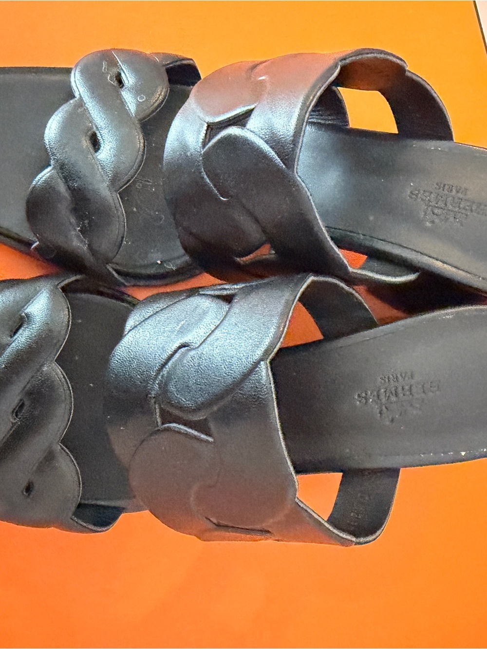 Hermès Black Leather Wave-Style Slide Sandals
